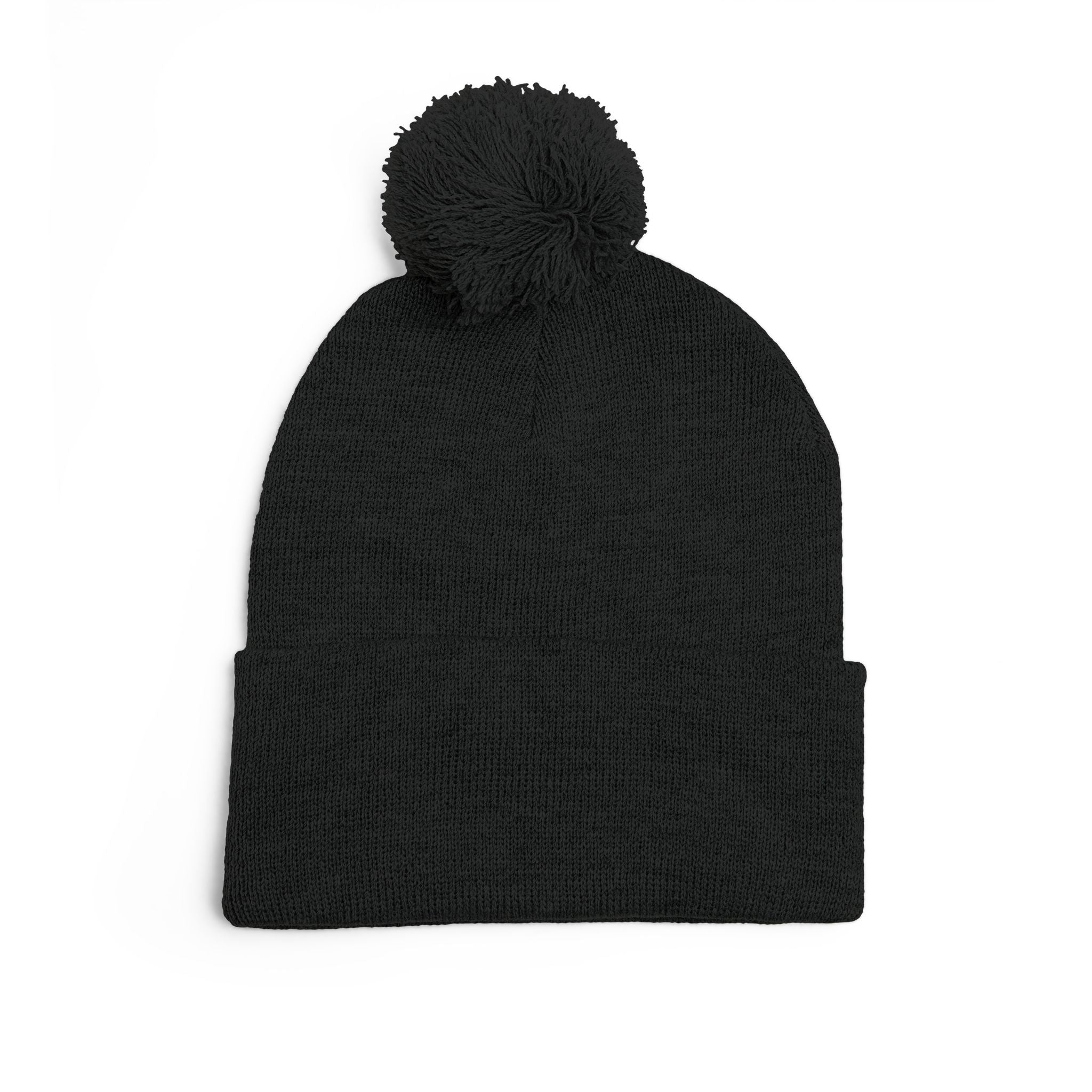 Embroidered Pom-Pom Beanie — Cozy Grey Knit Hat with Small Floral Skull Embroidery