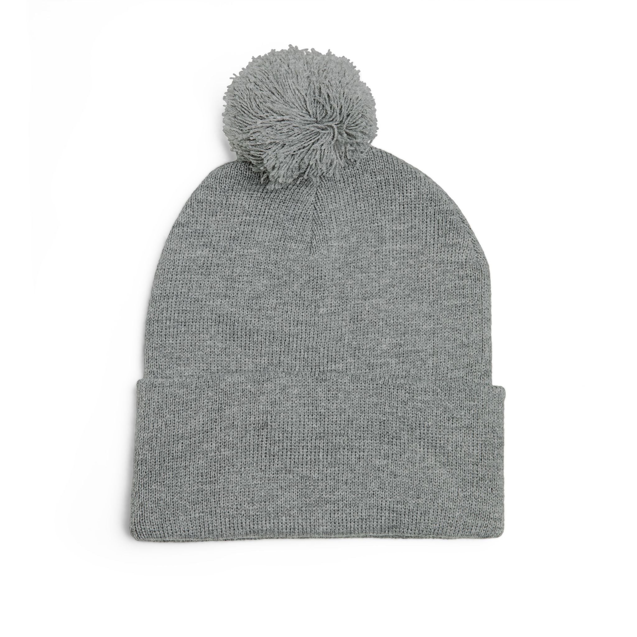 Embroidered Pom-Pom Beanie — Cozy Grey Knit Hat with Small Floral Skull Embroidery