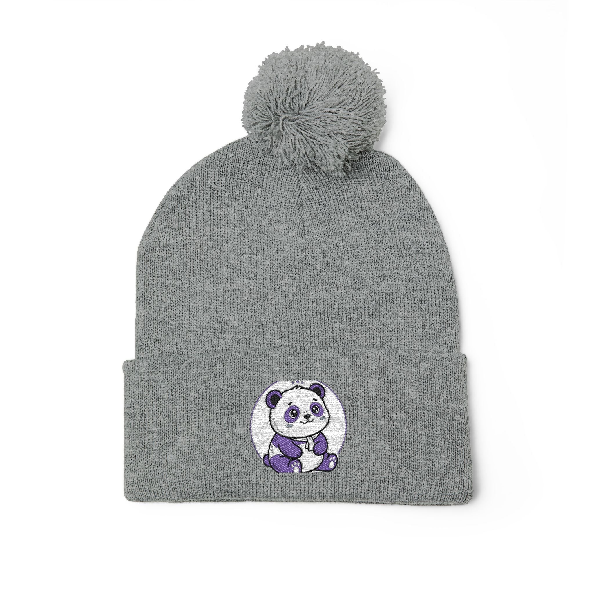 Embroidered Pom-Pom Beanie — Cozy Grey Knit Hat with Small Floral Skull Embroidery