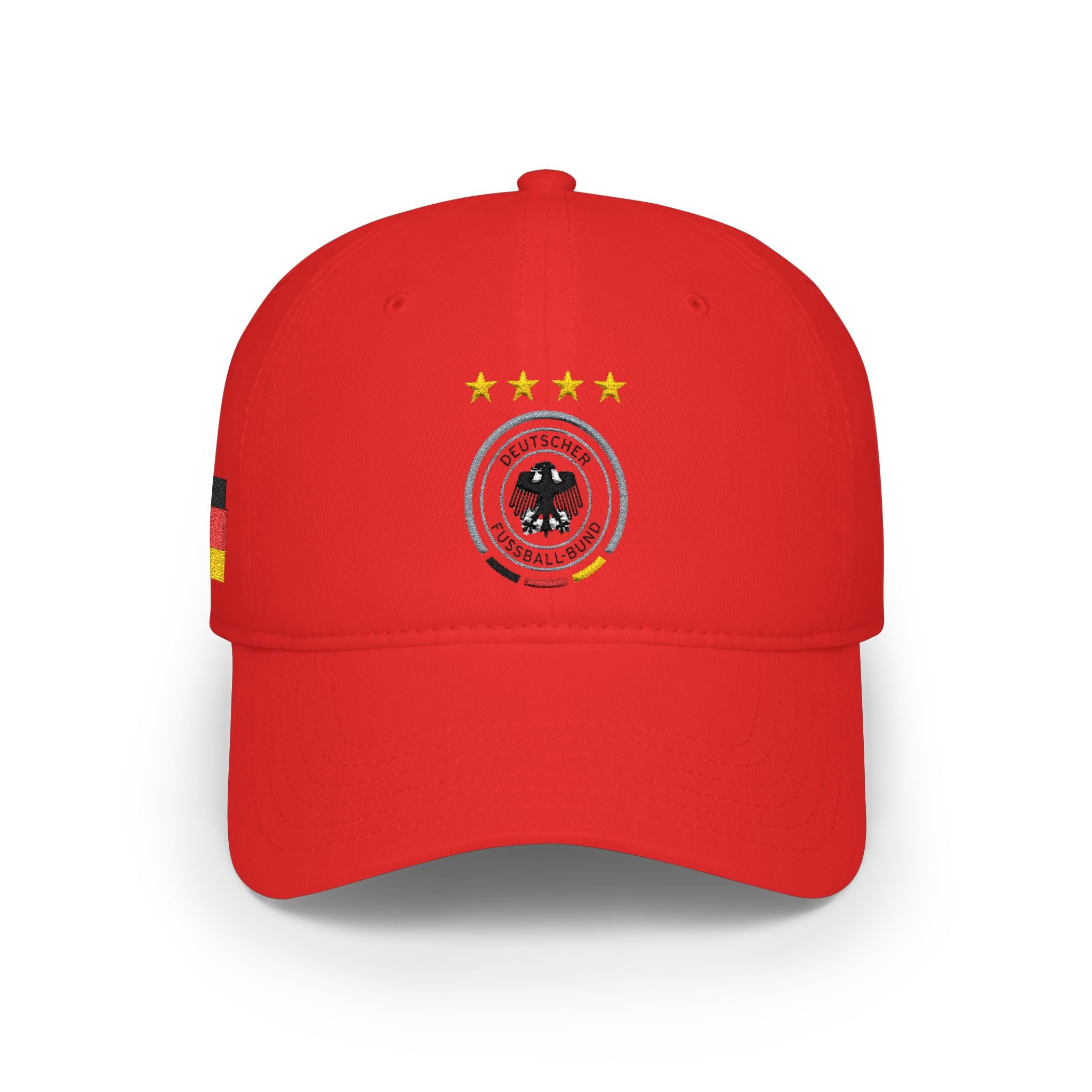 Germany Crest Football Cap — Red Low Profile Hat with Eagle Emblem & Stars