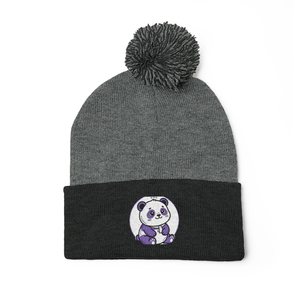 Embroidered Pom-Pom Beanie — Cozy Grey Knit Hat with Small Floral Skull Embroidery