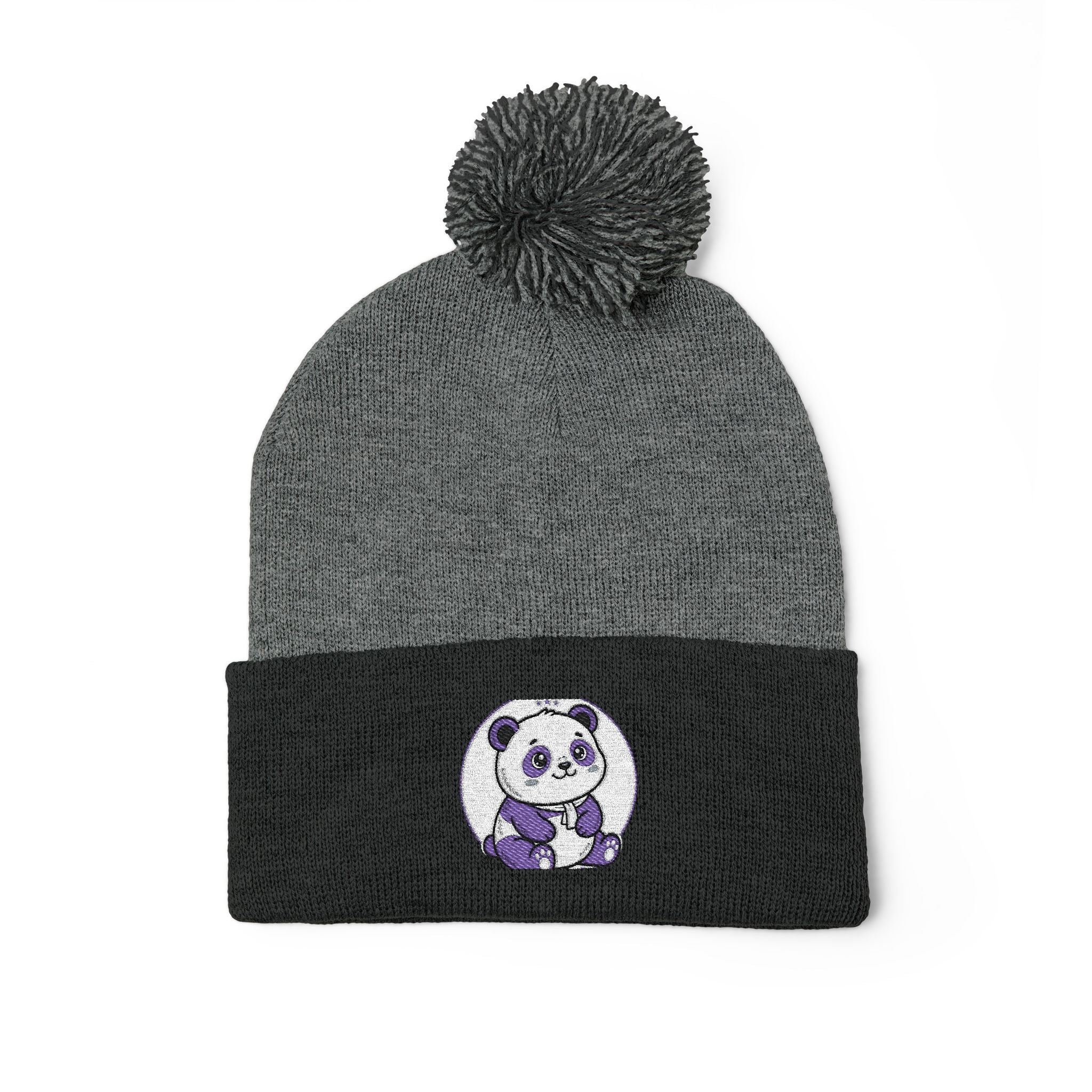 Embroidered Pom-Pom Beanie — Cozy Grey Knit Hat with Small Floral Skull Embroidery