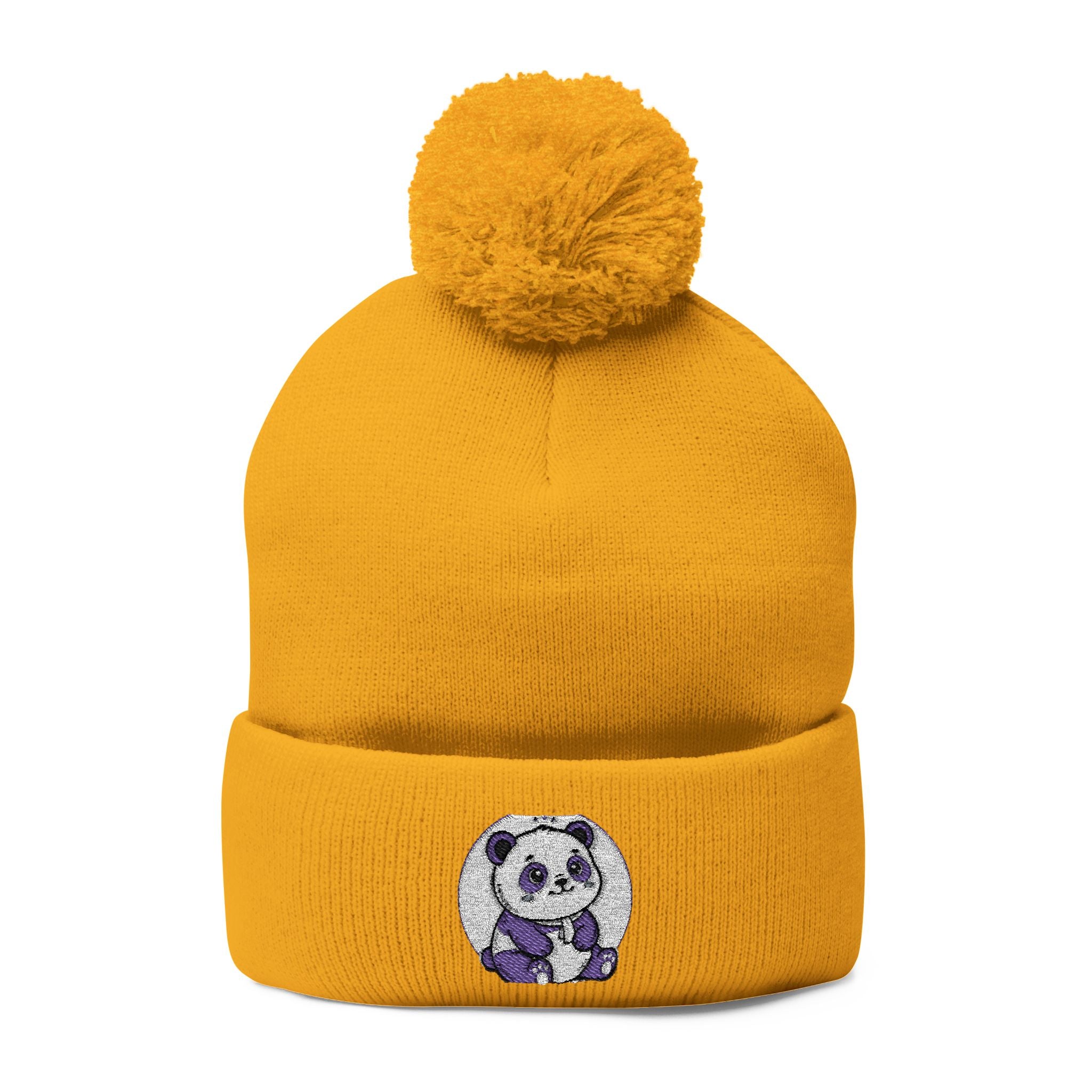 Embroidered Pom-Pom Beanie — Cozy Grey Knit Hat with Small Floral Skull Embroidery