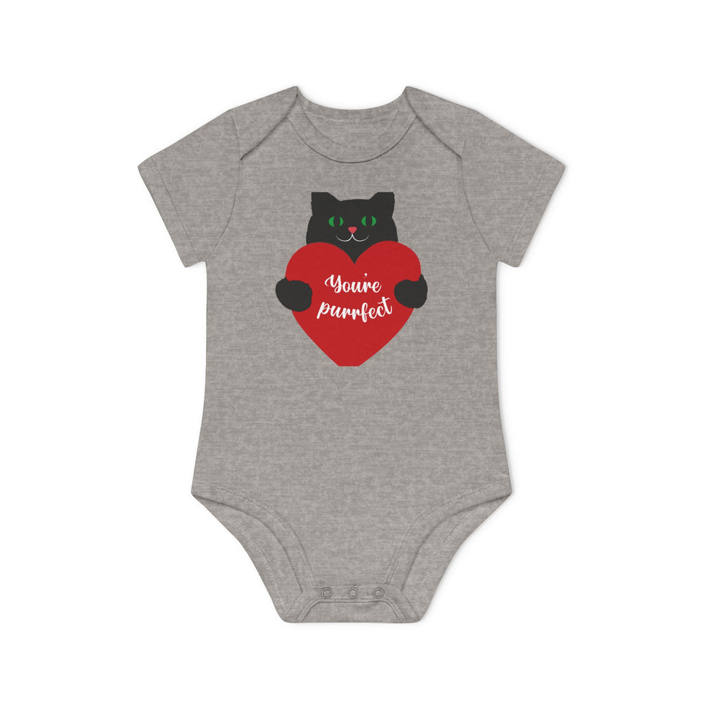 Baby Bodysuit — Black Cat Holding Heart "You're Purrfect" (Organic Short Sleeve)