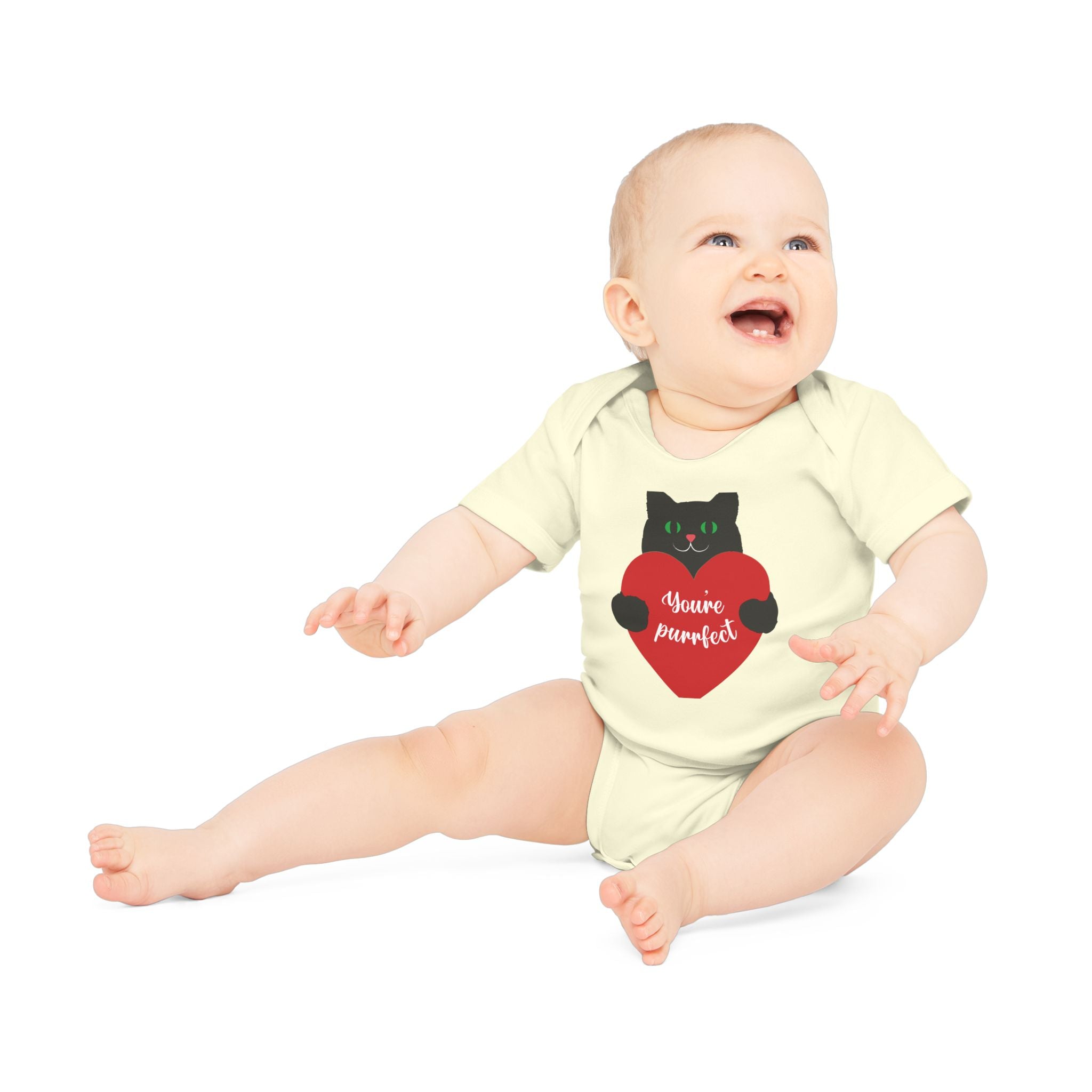 Baby Bodysuit — Black Cat Holding Heart "You're Purrfect" (Organic Short Sleeve)