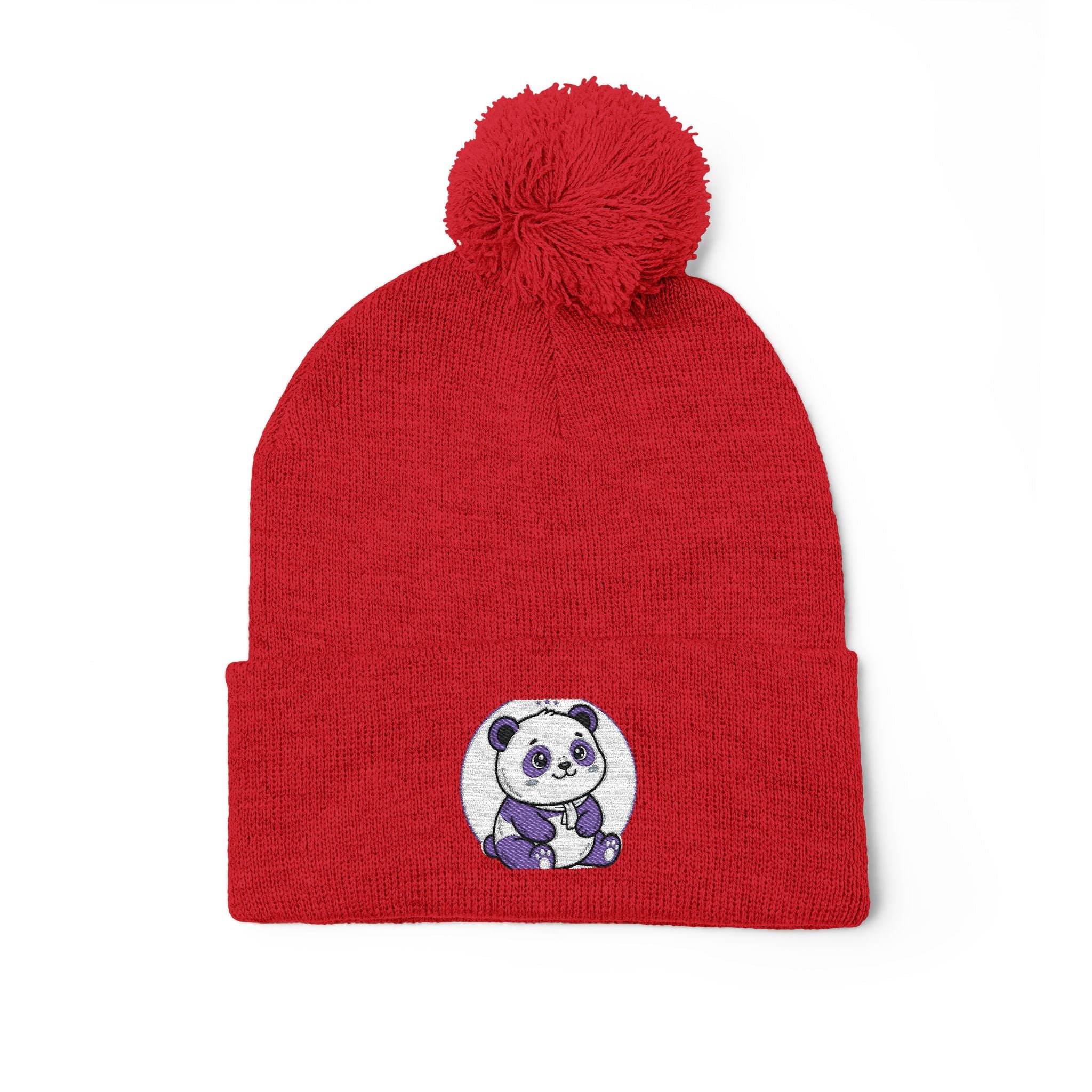 Embroidered Pom-Pom Beanie — Cozy Grey Knit Hat with Small Floral Skull Embroidery