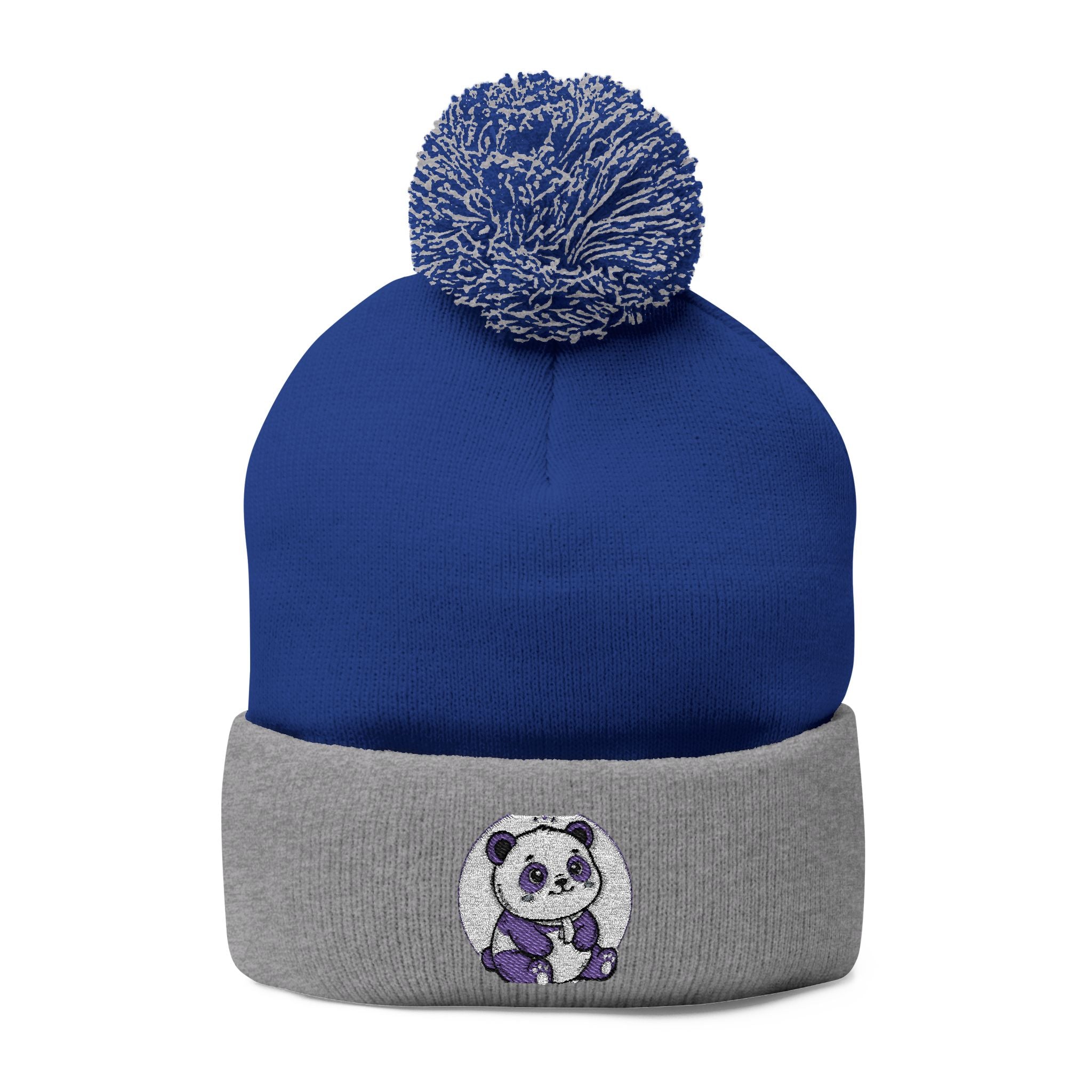 Embroidered Pom-Pom Beanie — Cozy Grey Knit Hat with Small Floral Skull Embroidery