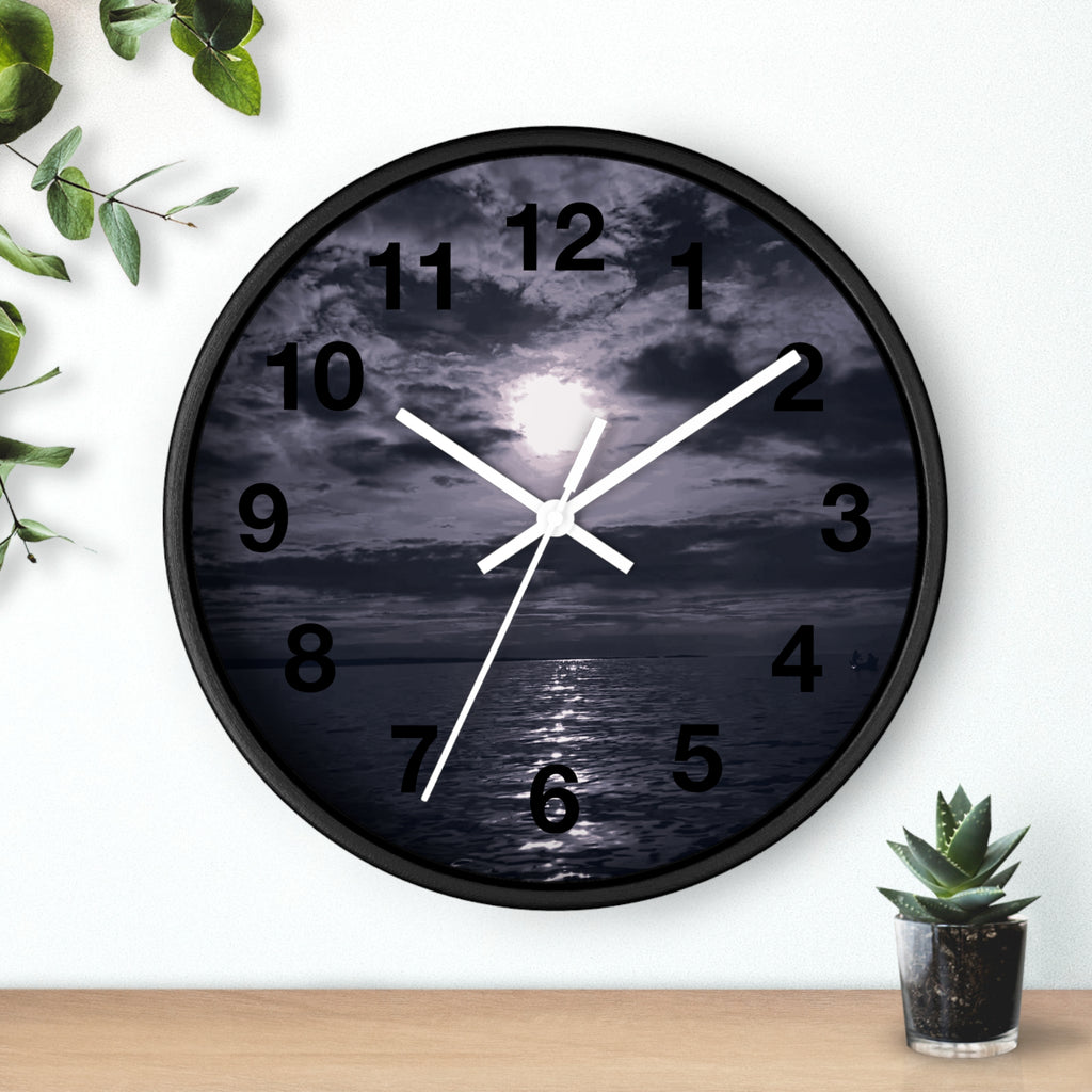 Moonlit Ocean Wall Clock — Moody Nautical Nightscape Clock