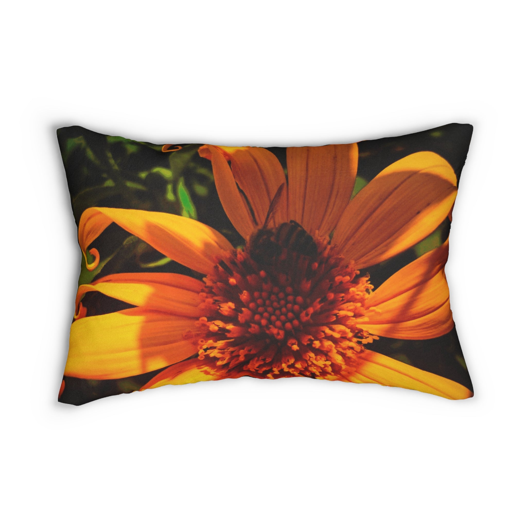 Lumbar Pillow — Orange Daisy Floral with Bee Print