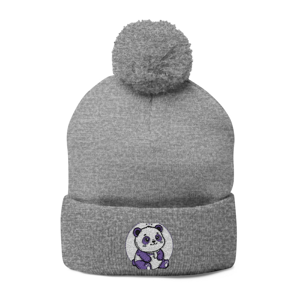 Embroidered Pom-Pom Beanie — Cozy Grey Knit Hat with Small Floral Skull Embroidery
