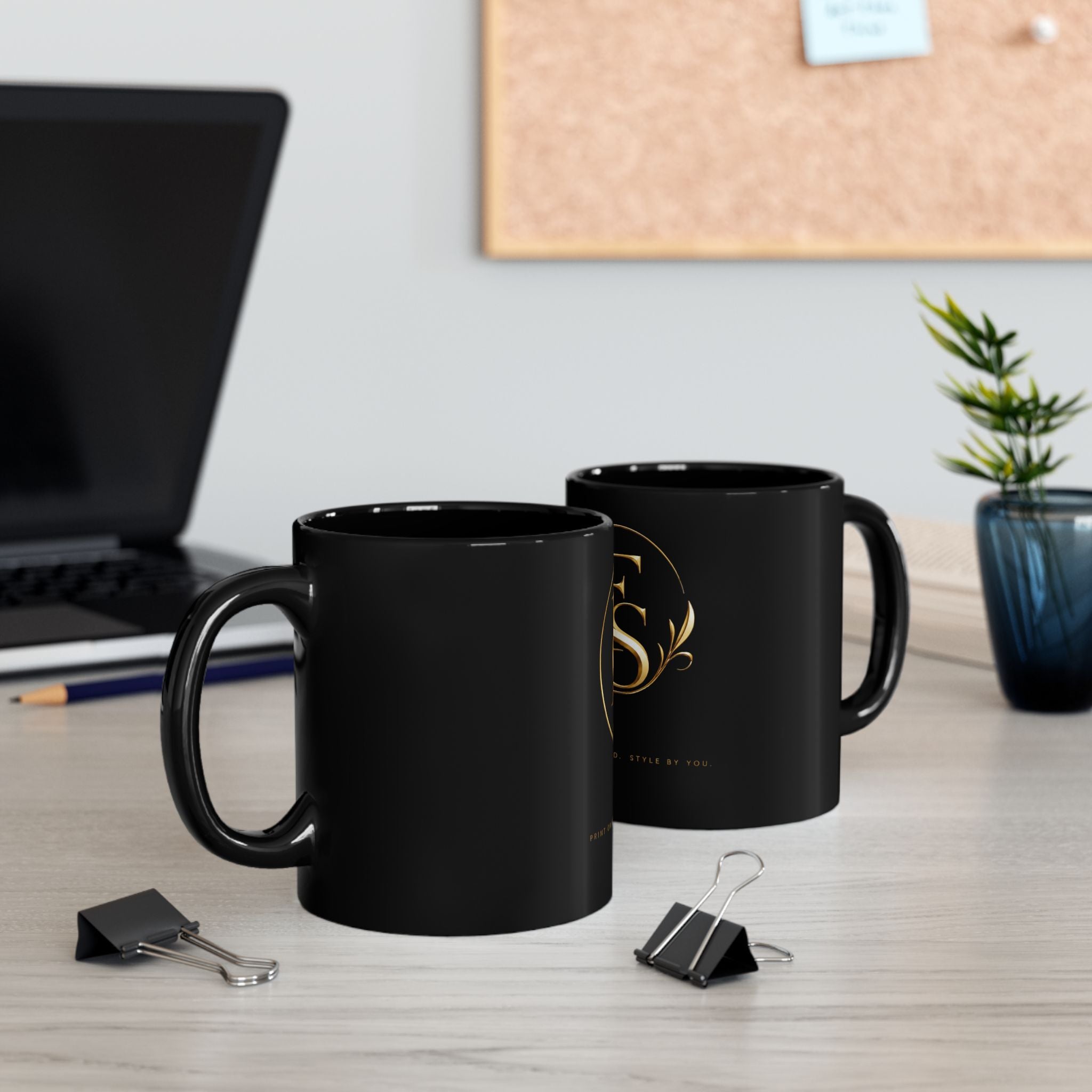 Black Ceramic Mug with Gold FS Monogram — Elegant Luxury Coffee Cup (11oz/15oz)