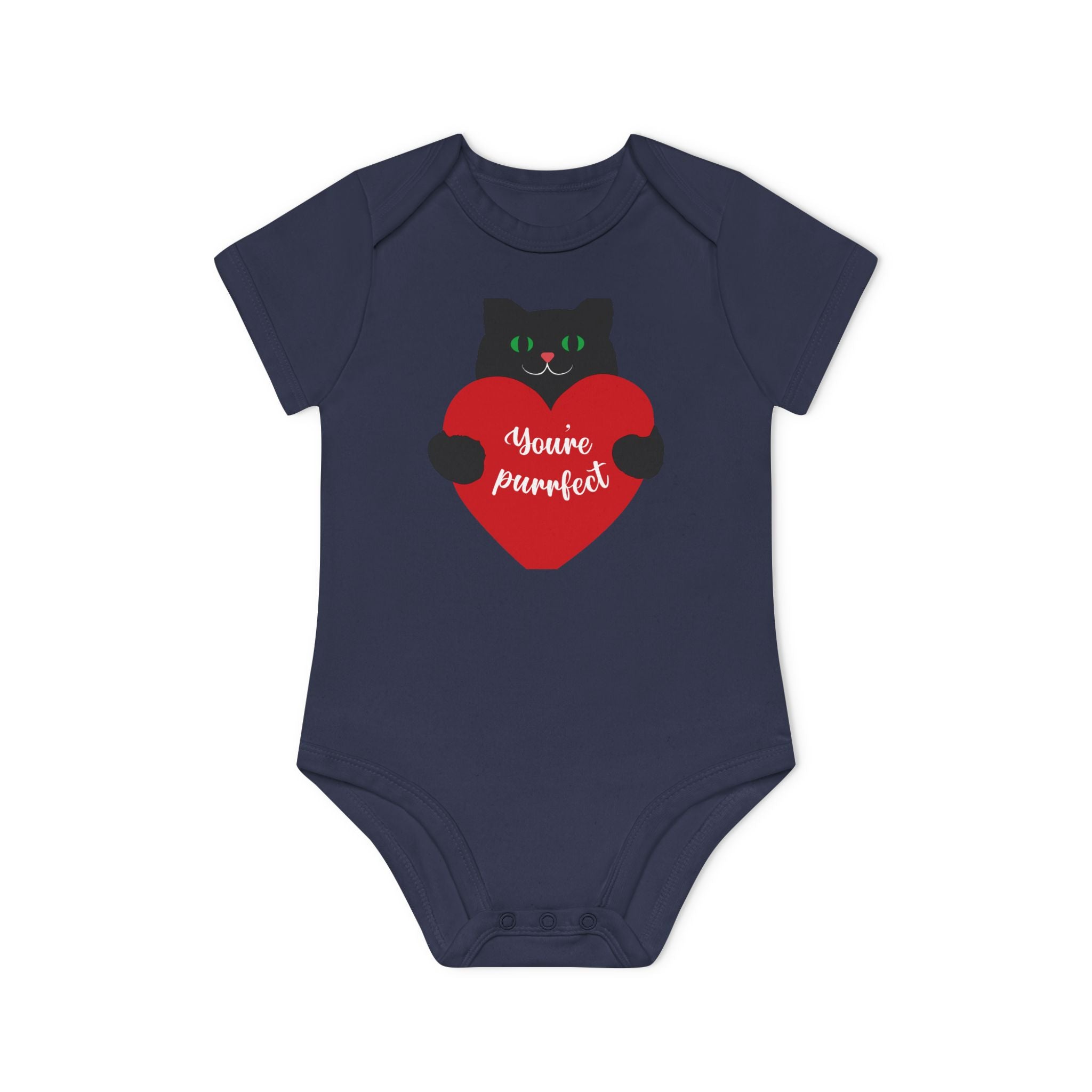 Baby Bodysuit — Black Cat Holding Heart "You're Purrfect" (Organic Short Sleeve)