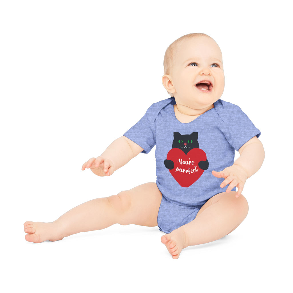 Baby Bodysuit — Black Cat Holding Heart "You're Purrfect" (Organic Short Sleeve)