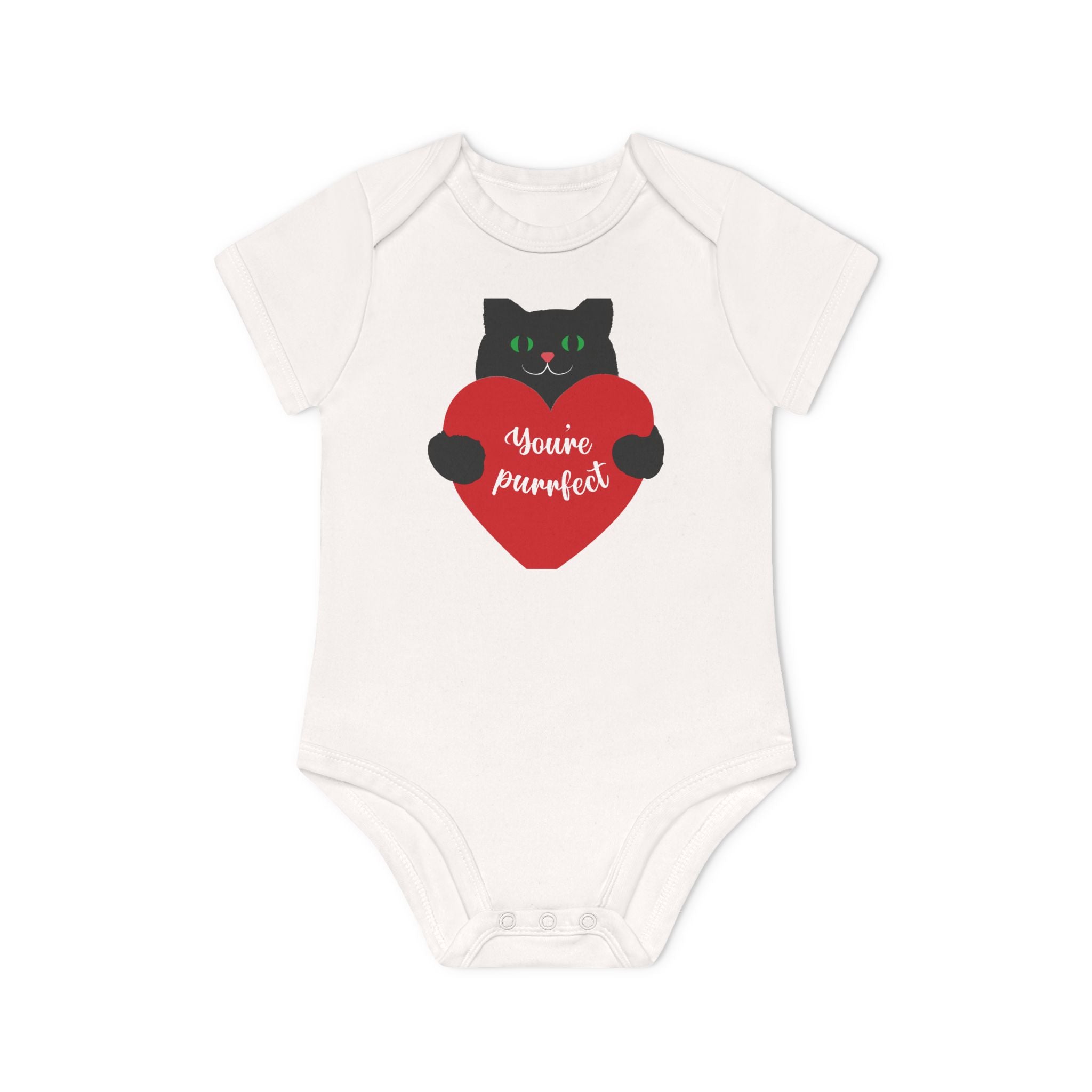 Baby Bodysuit — Black Cat Holding Heart "You're Purrfect" (Organic Short Sleeve)