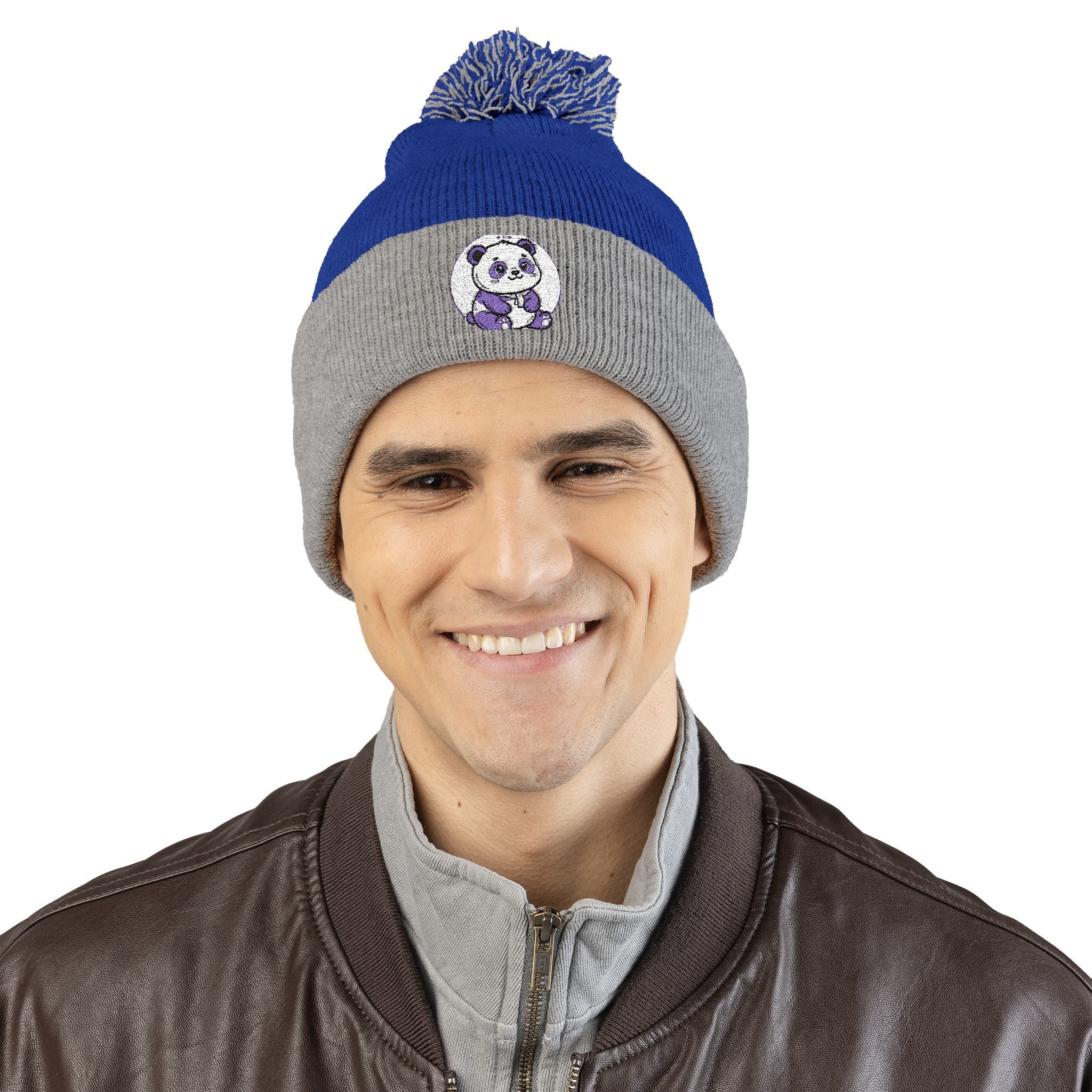 Embroidered Pom-Pom Beanie — Cozy Grey Knit Hat with Small Floral Skull Embroidery