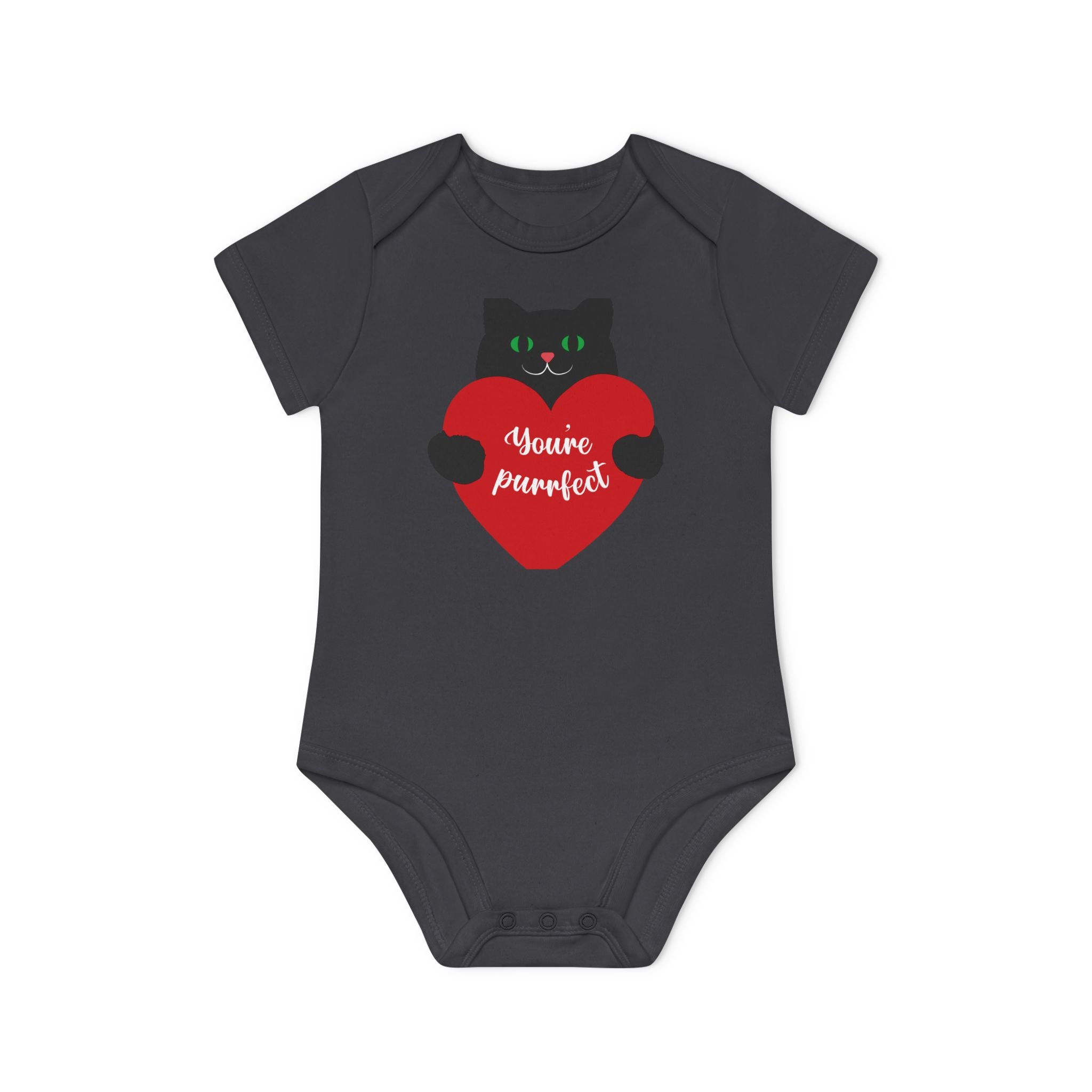 Baby Bodysuit — Black Cat Holding Heart "You're Purrfect" (Organic Short Sleeve)
