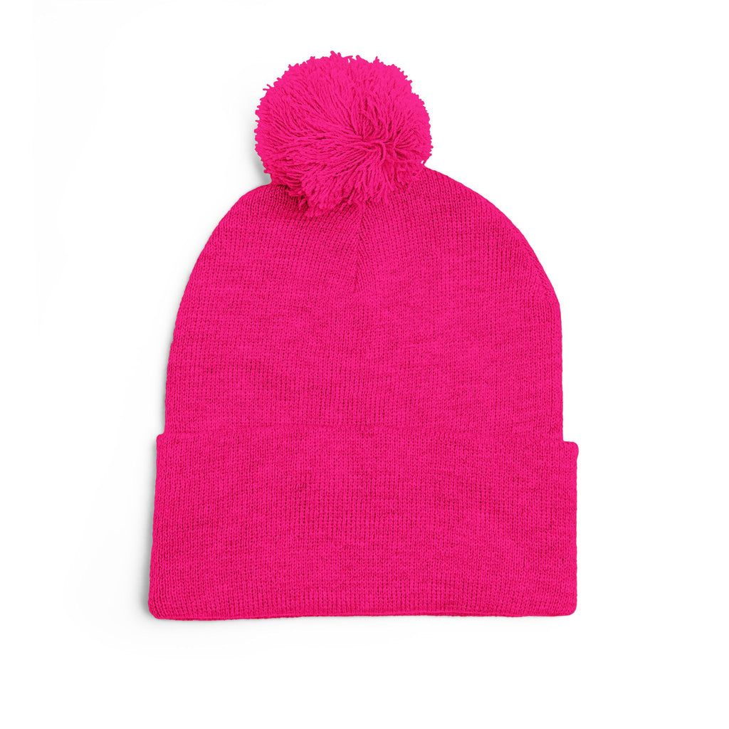 Embroidered Pom-Pom Beanie — Cozy Grey Knit Hat with Small Floral Skull Embroidery