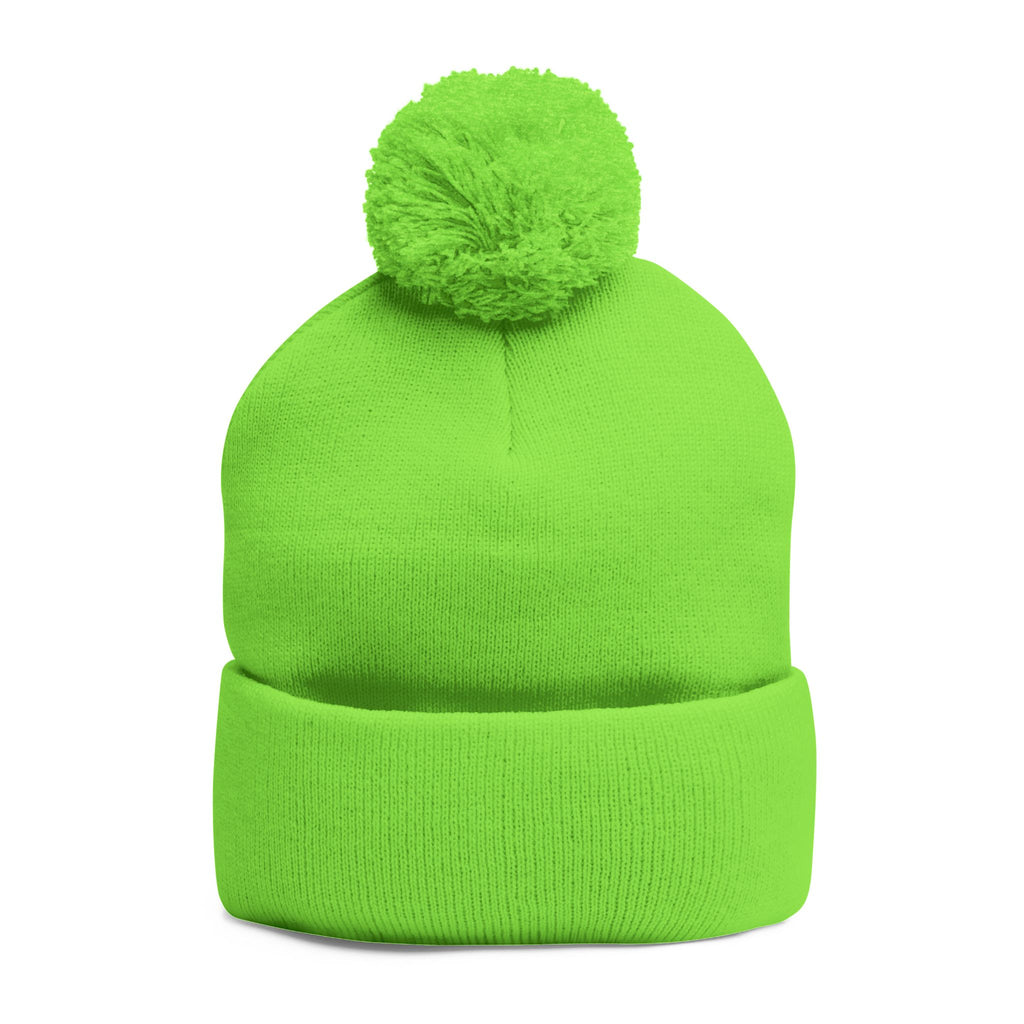 Embroidered Pom-Pom Beanie — Cozy Grey Knit Hat with Small Floral Skull Embroidery