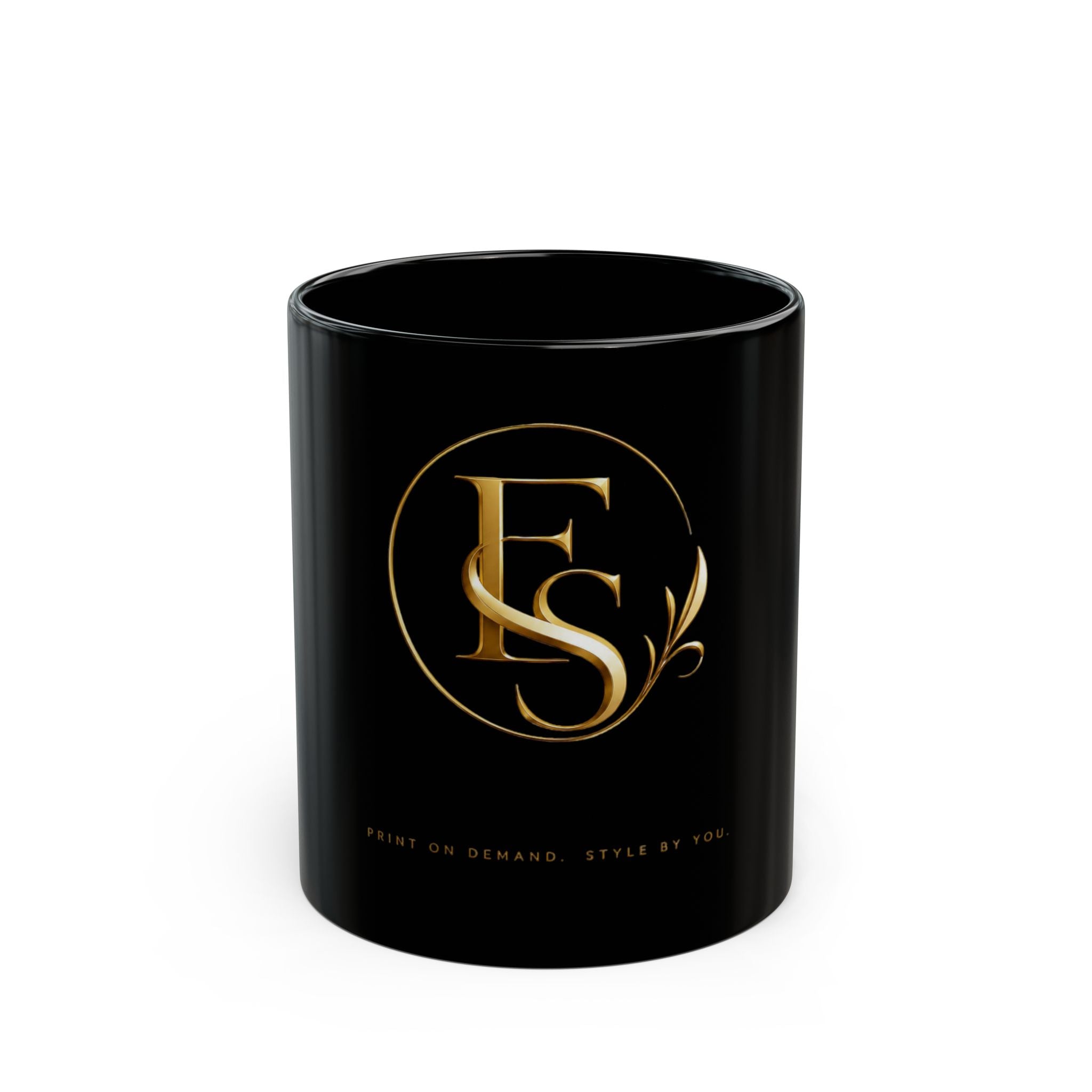 Black Ceramic Mug with Gold FS Monogram — Elegant Luxury Coffee Cup (11oz/15oz)