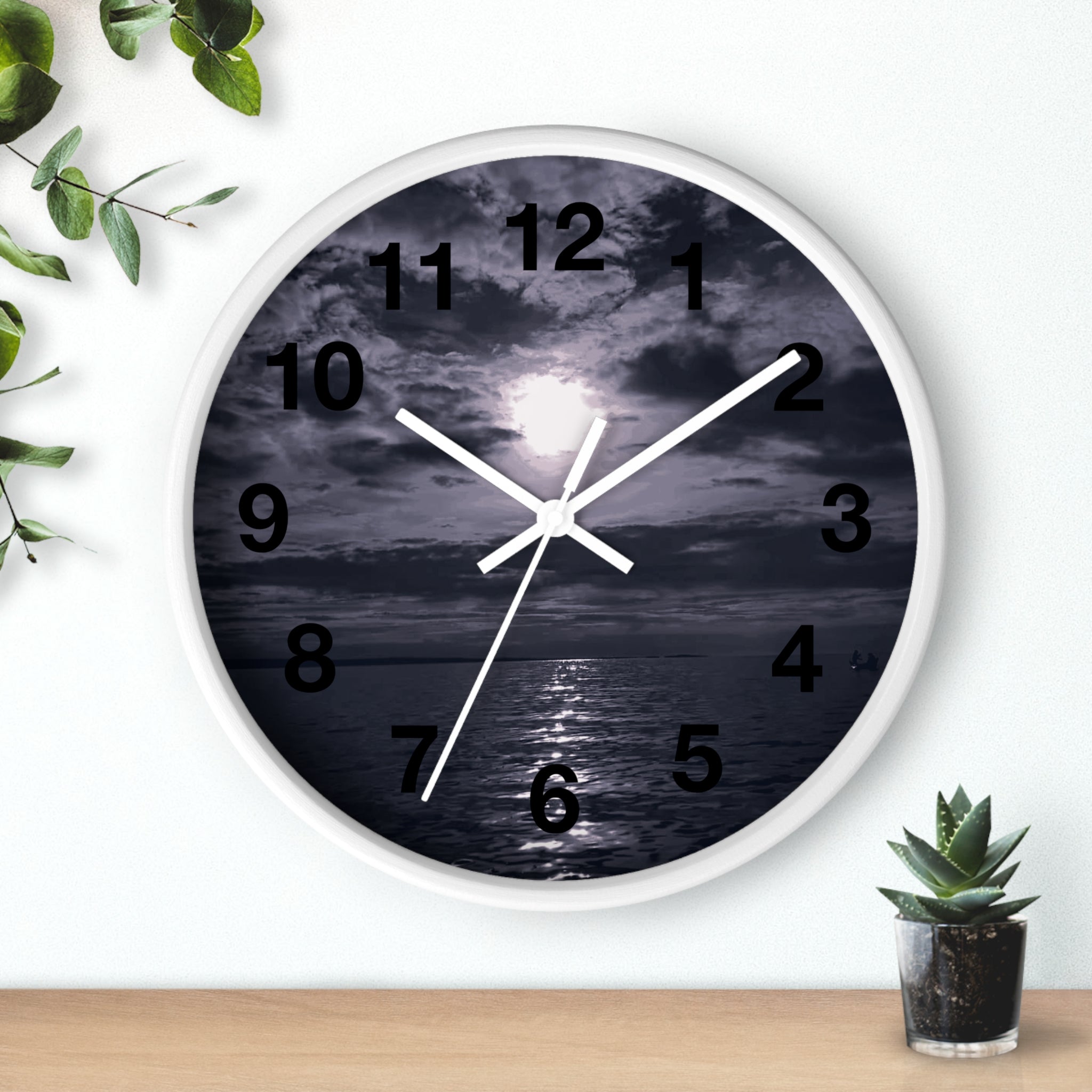 Moonlit Ocean Wall Clock — Moody Nautical Nightscape Clock
