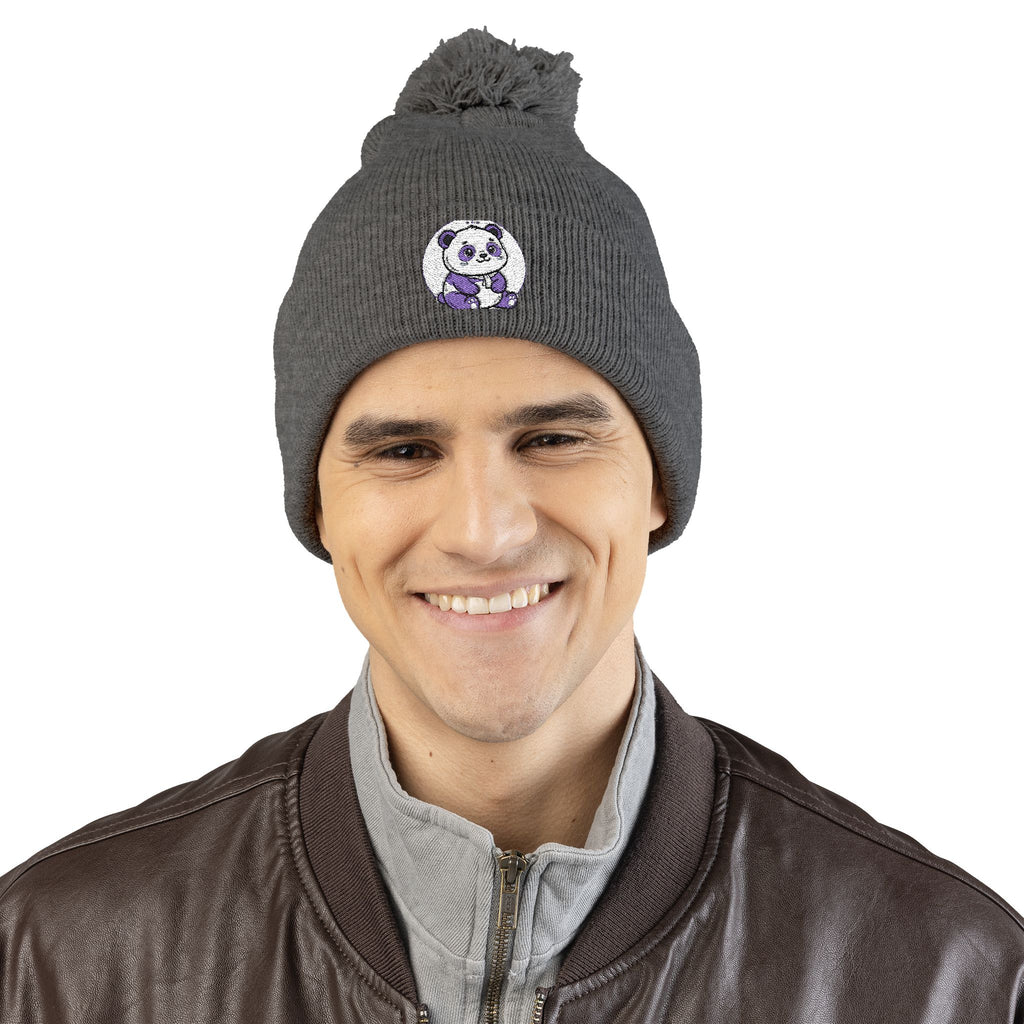 Embroidered Pom-Pom Beanie — Cozy Grey Knit Hat with Small Floral Skull Embroidery