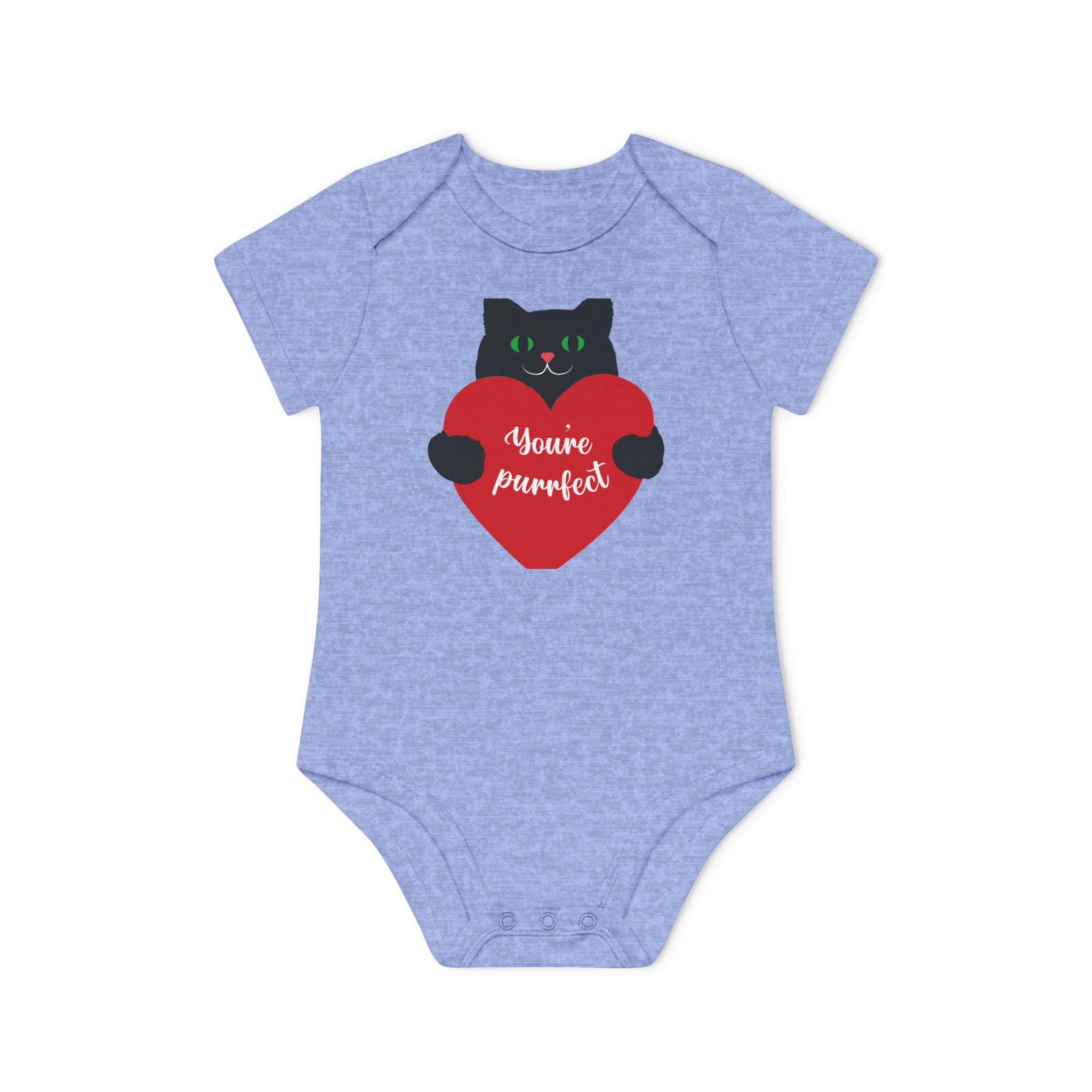 Baby Bodysuit — Black Cat Holding Heart "You're Purrfect" (Organic Short Sleeve)