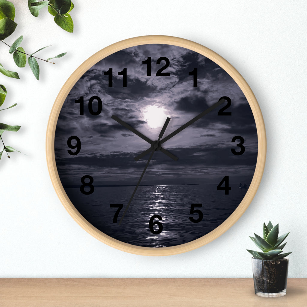 Moonlit Ocean Wall Clock — Moody Nautical Nightscape Clock
