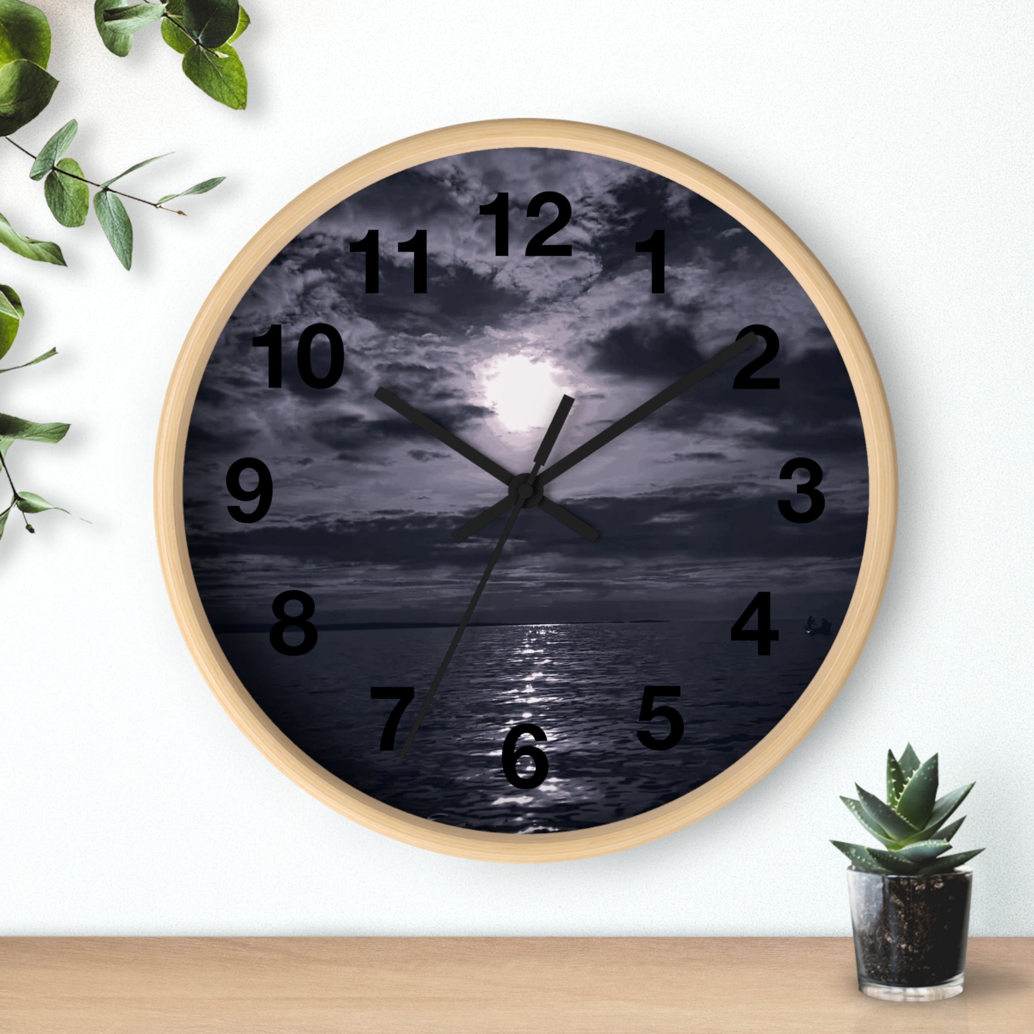 Moonlit Ocean Wall Clock — Moody Nautical Nightscape Clock