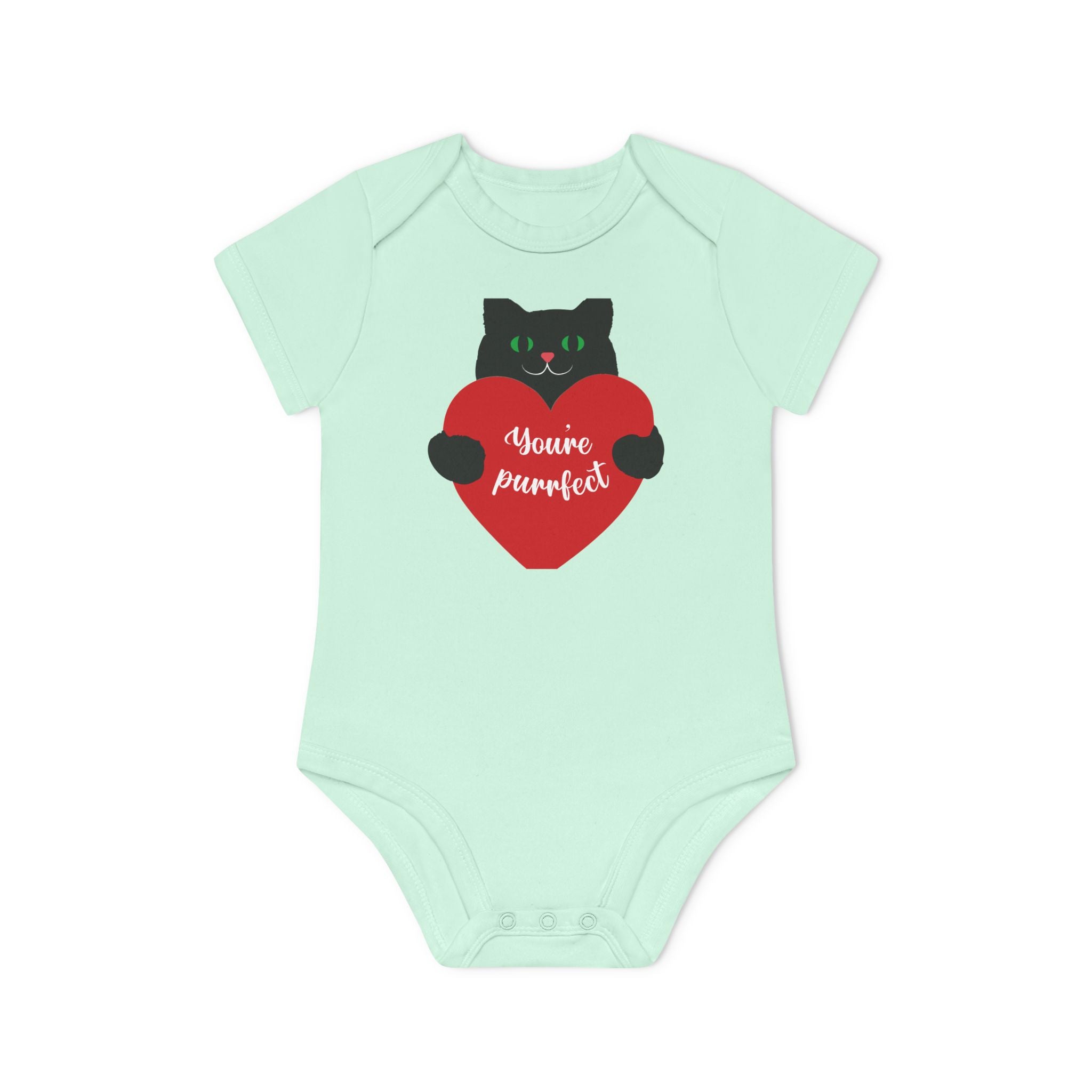 Baby Bodysuit — Black Cat Holding Heart "You're Purrfect" (Organic Short Sleeve)