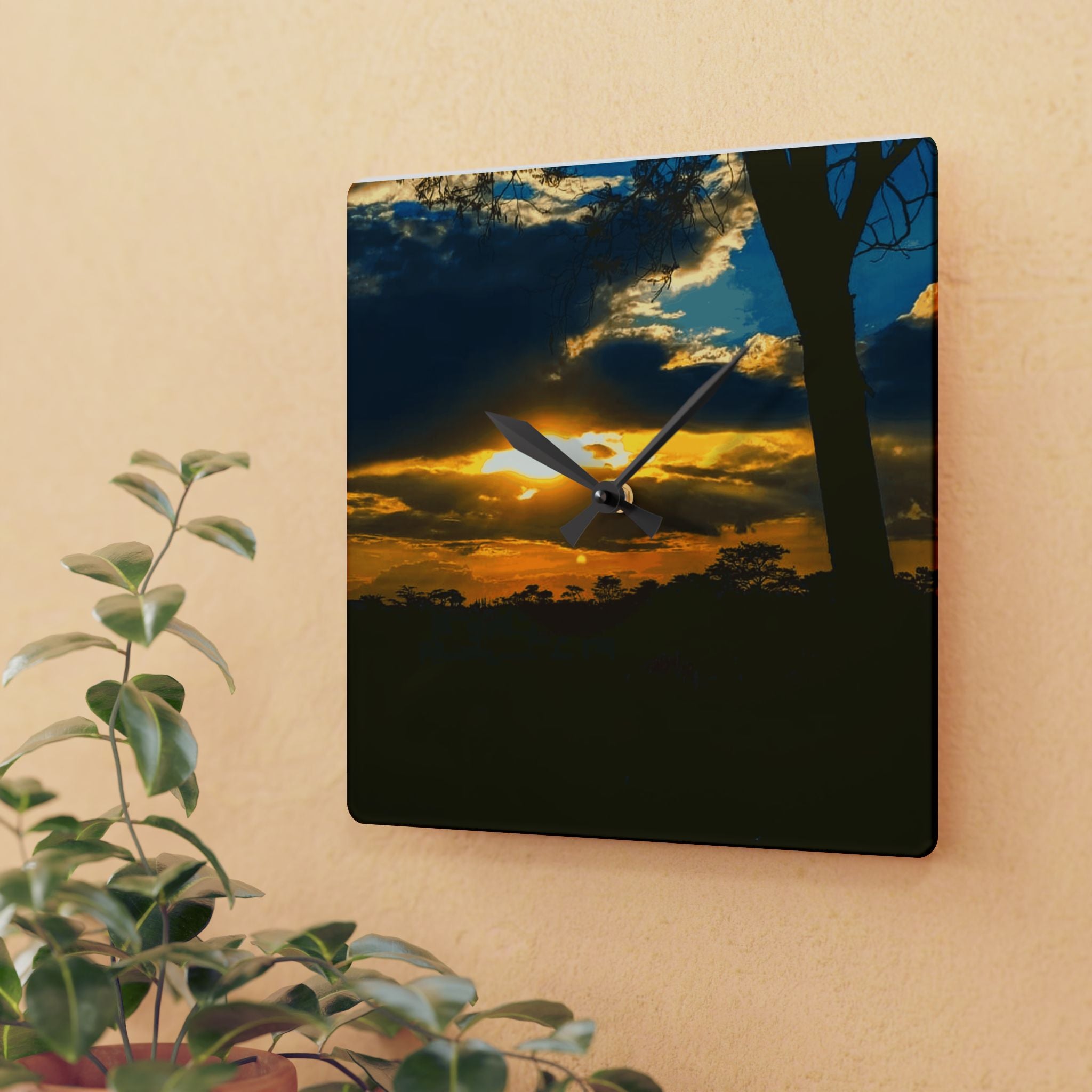 Sunset Silhouette Acrylic Wall Clock — Tropical Palm Sunset Decorative Clock