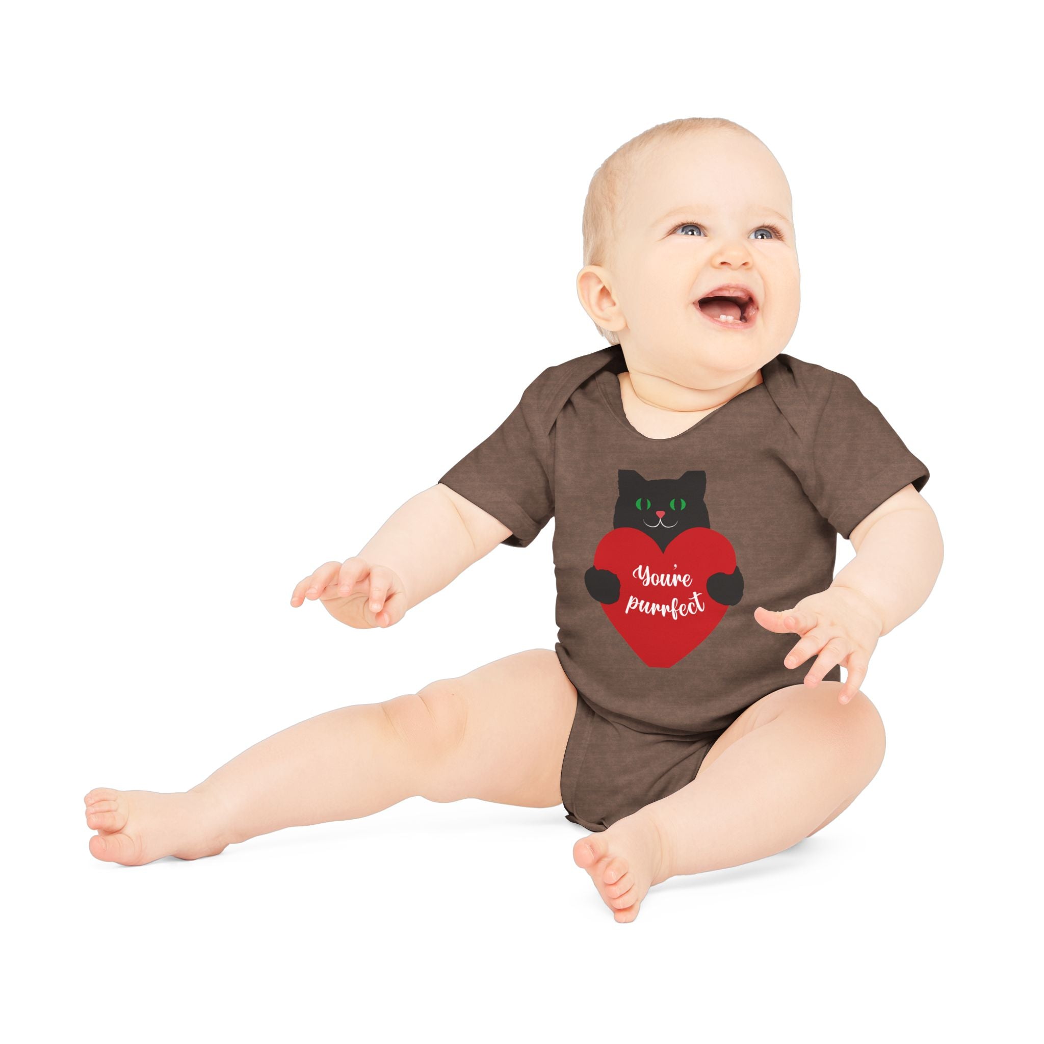 Baby Bodysuit — Black Cat Holding Heart "You're Purrfect" (Organic Short Sleeve)