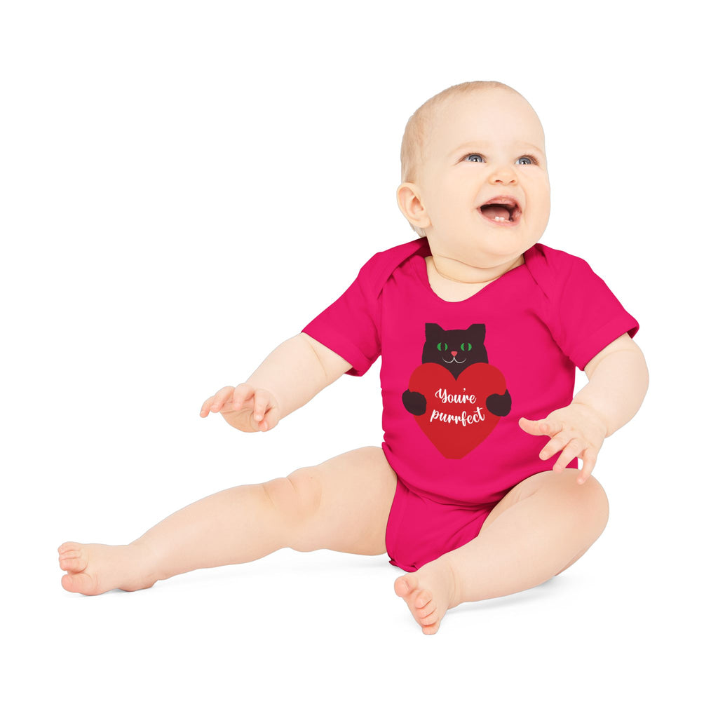 Baby Bodysuit — Black Cat Holding Heart "You're Purrfect" (Organic Short Sleeve)