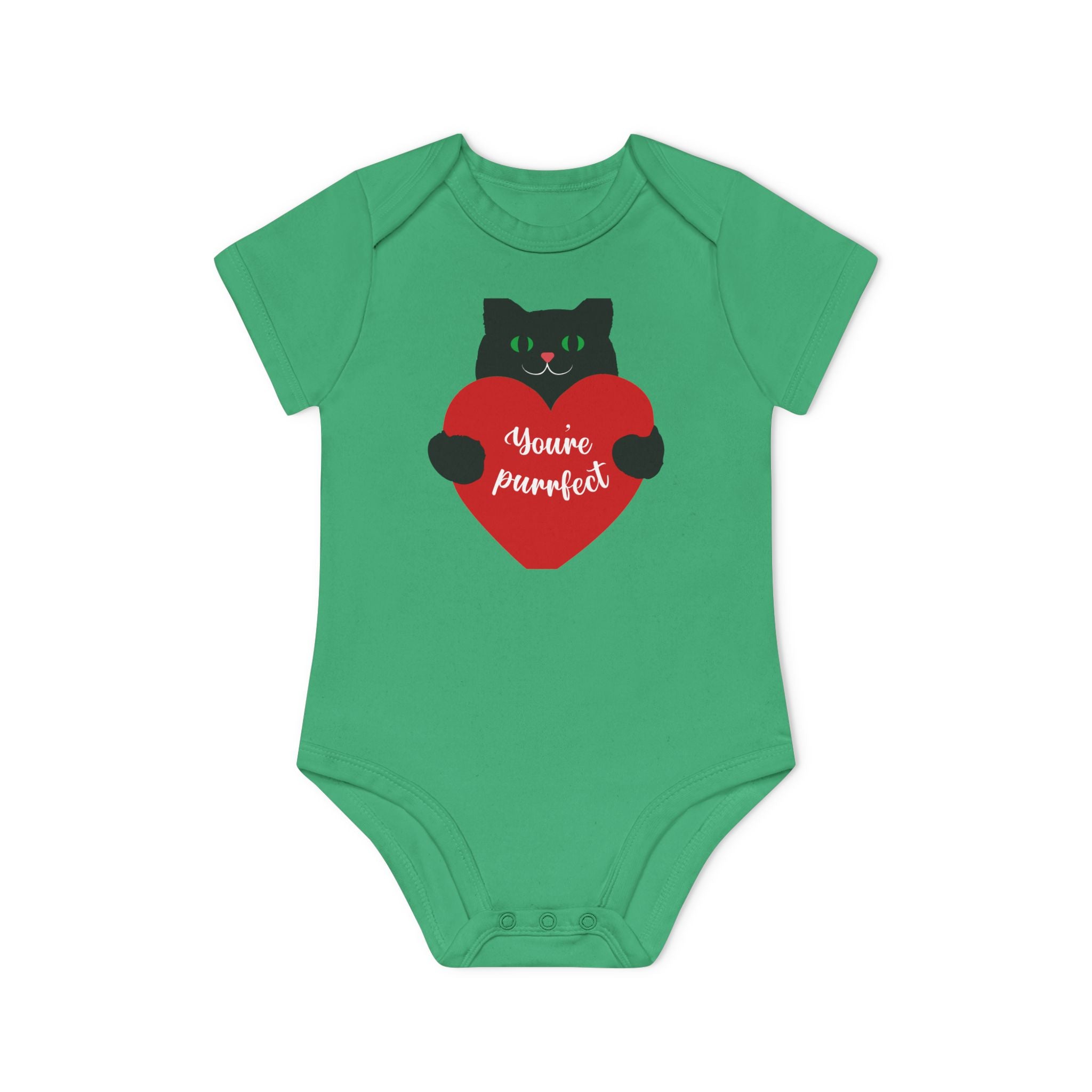 Baby Bodysuit — Black Cat Holding Heart "You're Purrfect" (Organic Short Sleeve)
