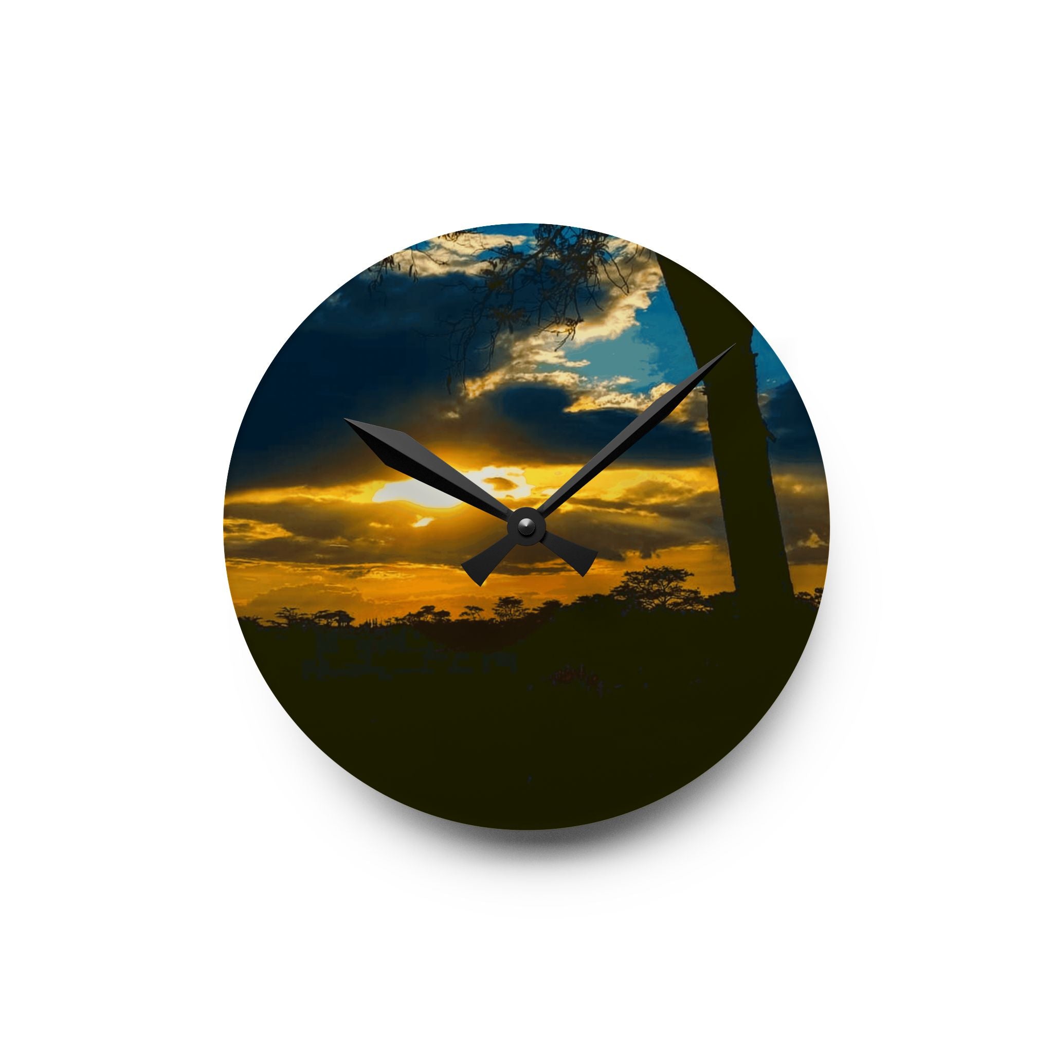 Sunset Silhouette Acrylic Wall Clock — Tropical Palm Sunset Decorative Clock