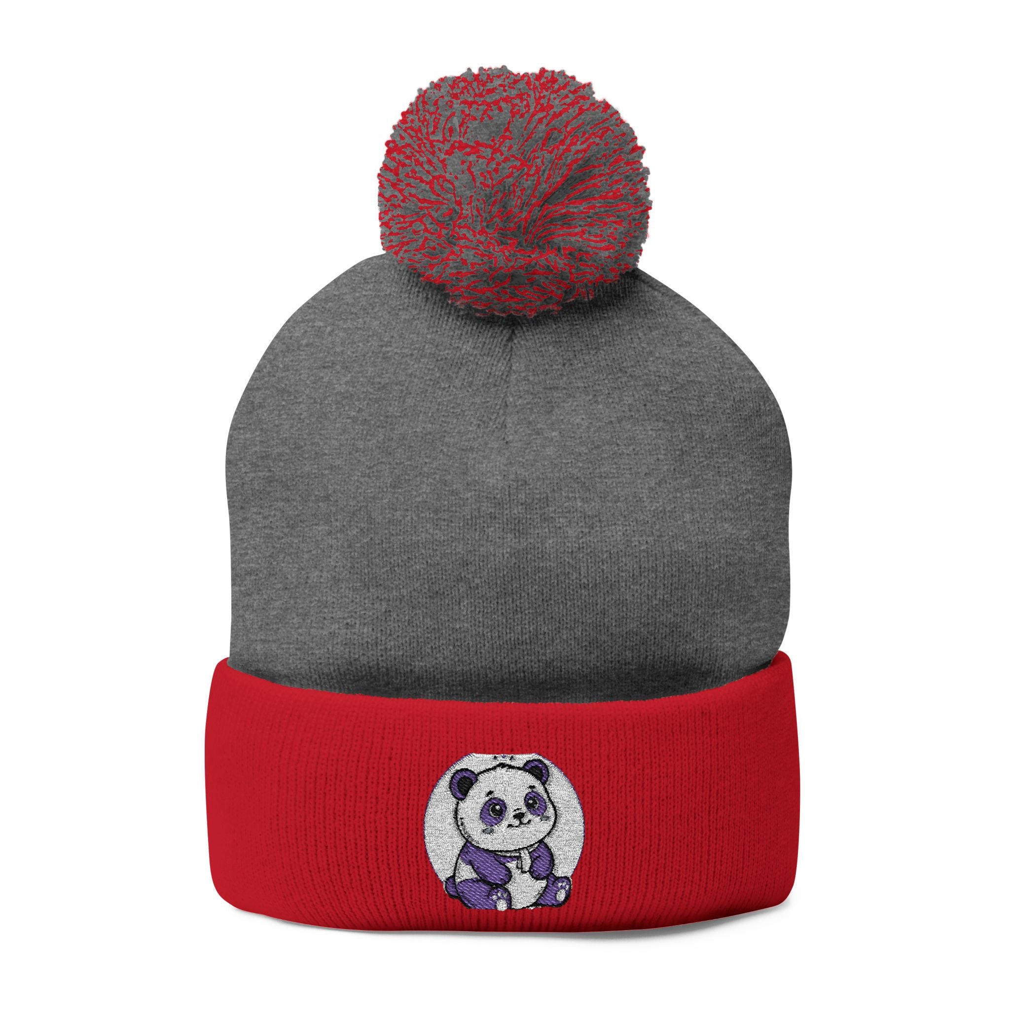 Embroidered Pom-Pom Beanie — Cozy Grey Knit Hat with Small Floral Skull Embroidery