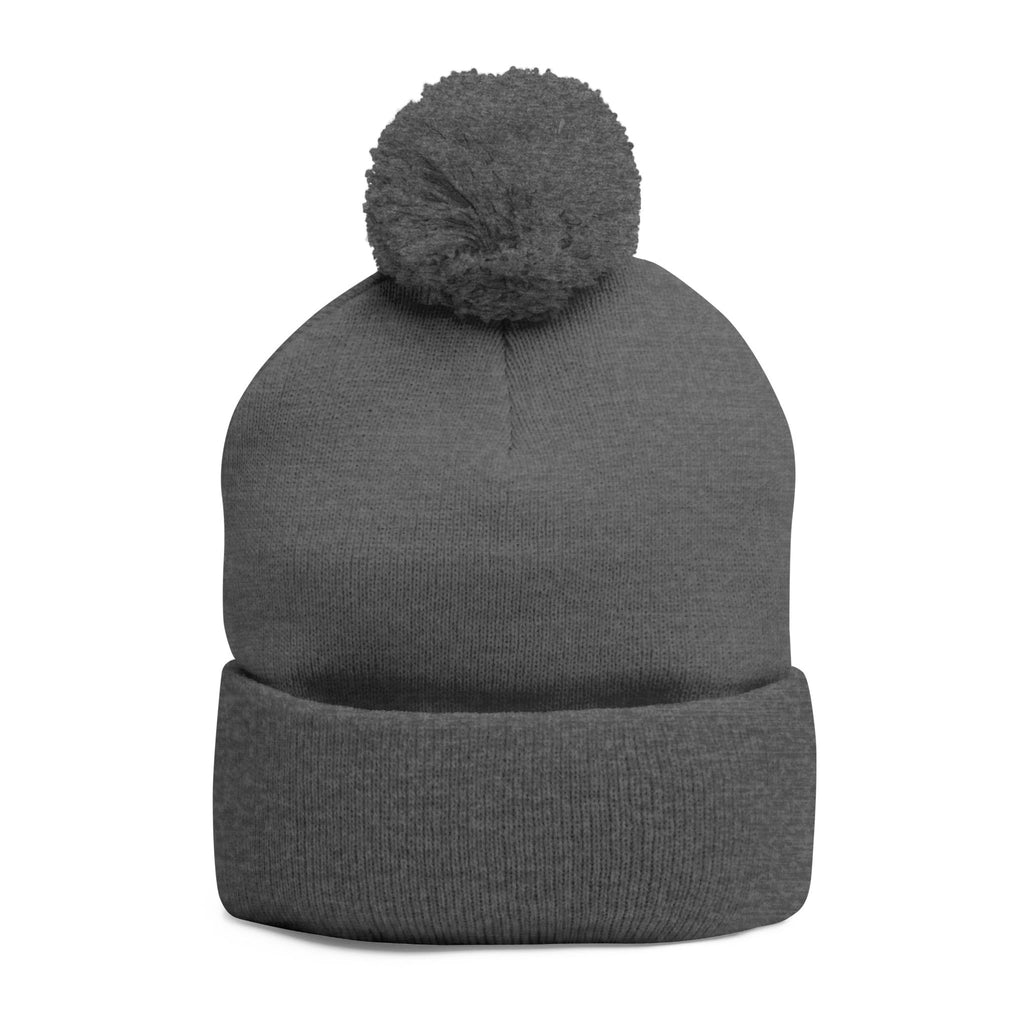 Embroidered Pom-Pom Beanie — Cozy Grey Knit Hat with Small Floral Skull Embroidery